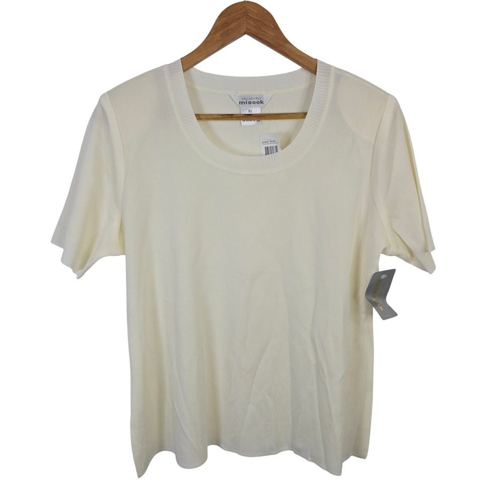 Misook Ivory Short Sleeve Scoop Neck Knit Top XL NEW Vintage